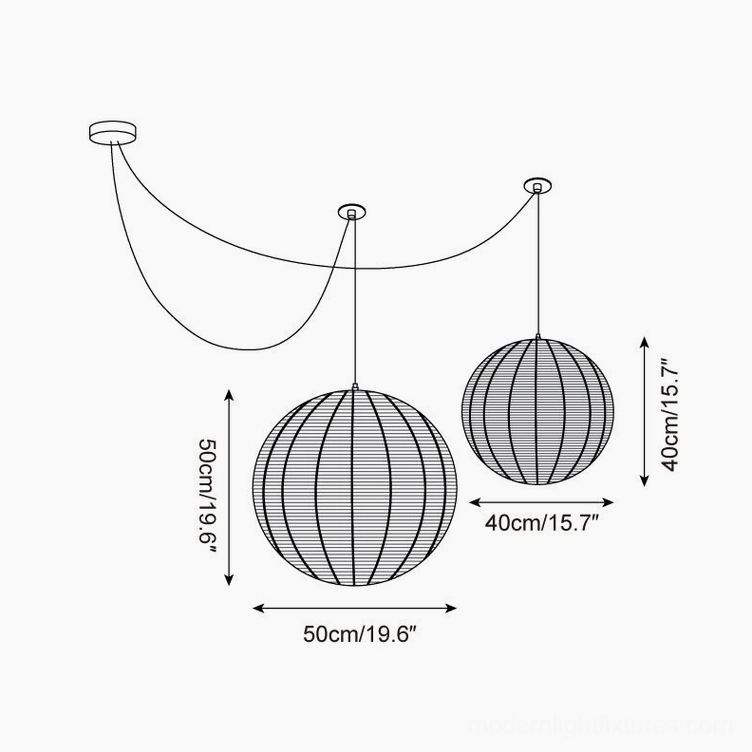 Dual woven rattan pendant lamps technical drawing showing 40cm and 50cm configuration