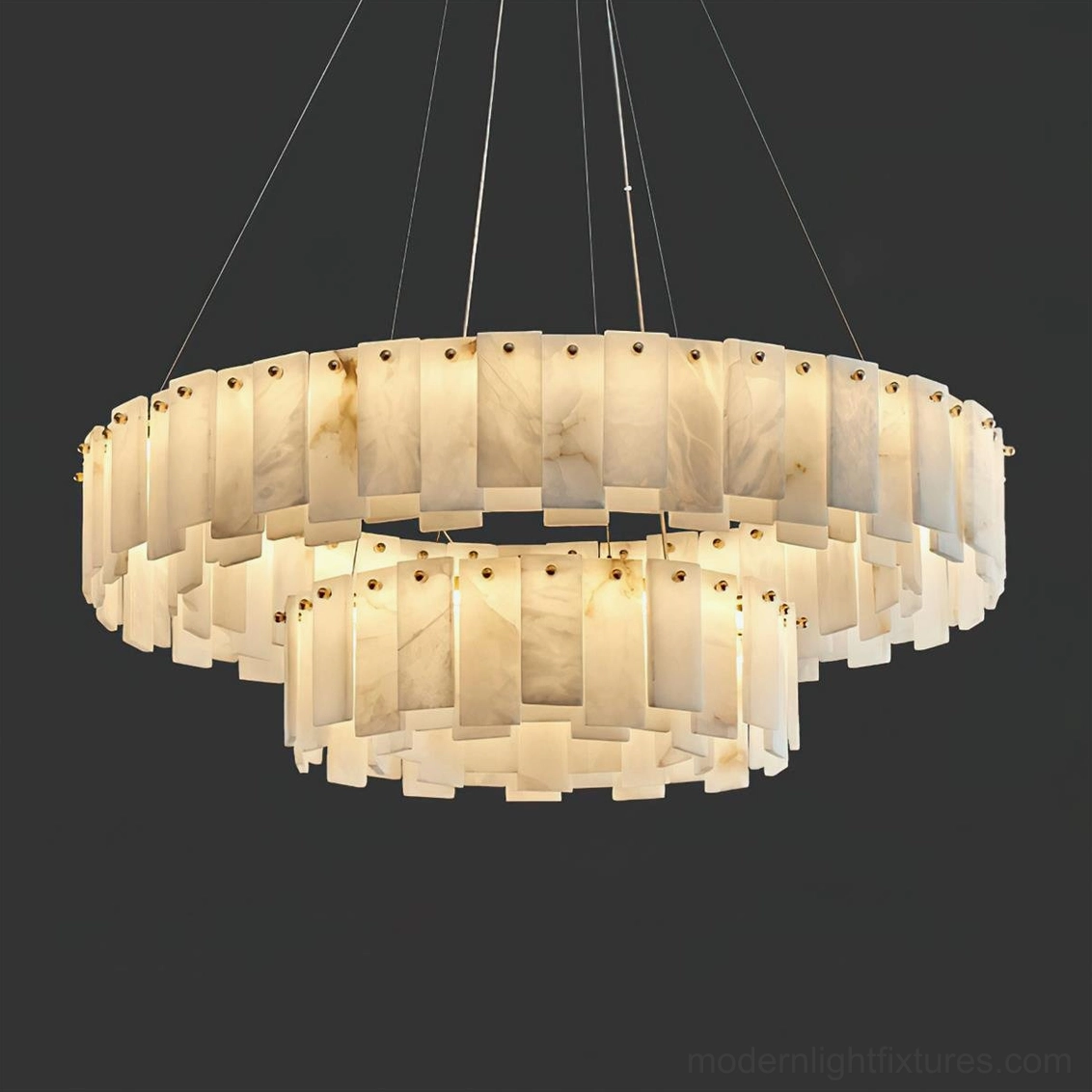 Dual-tier staggered alabaster chandelier configuration showing two-level floating rings, 80cm+45cm diameter geometric design creating sculptural overhead light installation