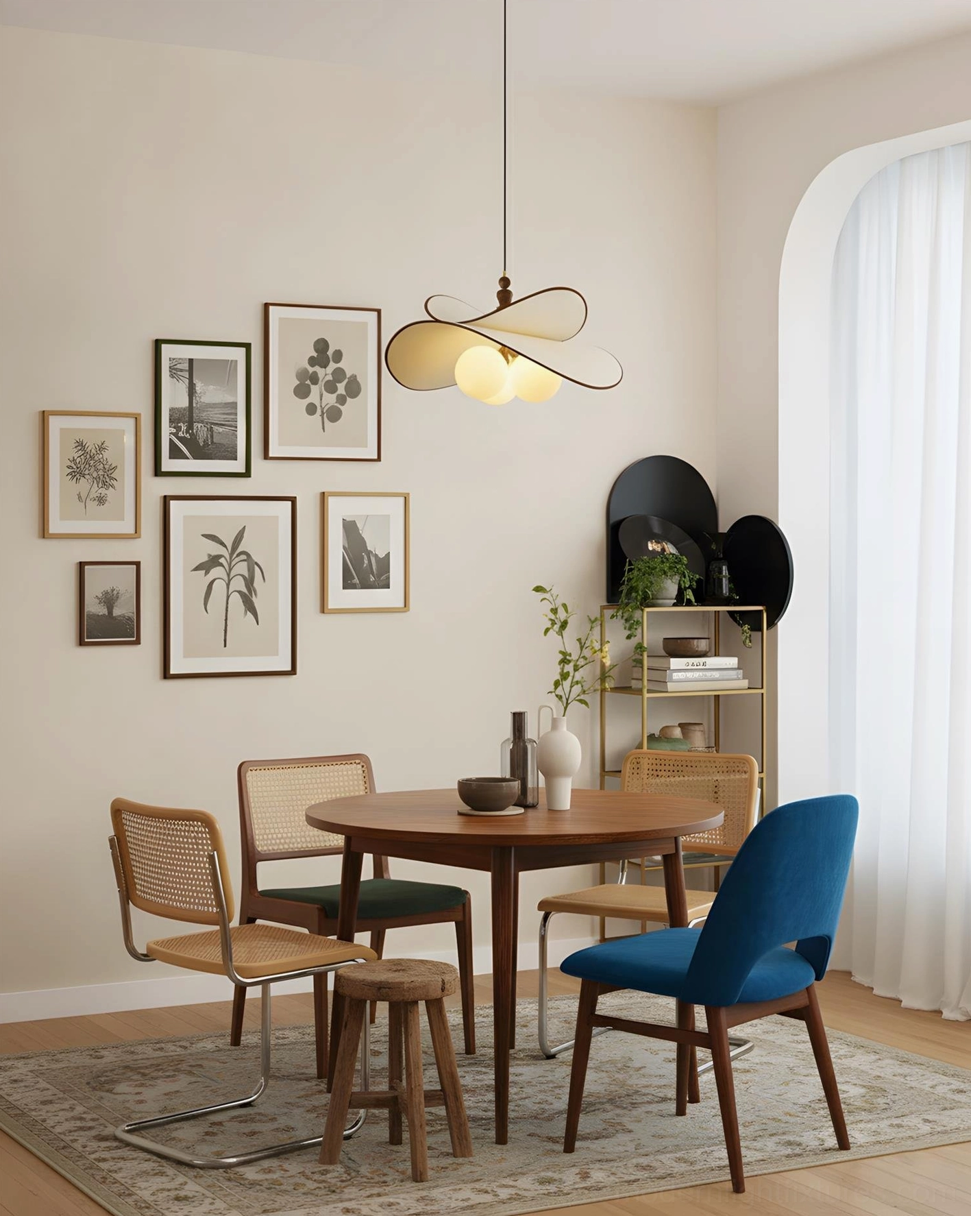 Dual-tone petal pendant chandelier with cream and brown fabric petals and warm globe lights in dining room gallery wall setting, low overhead perspective
