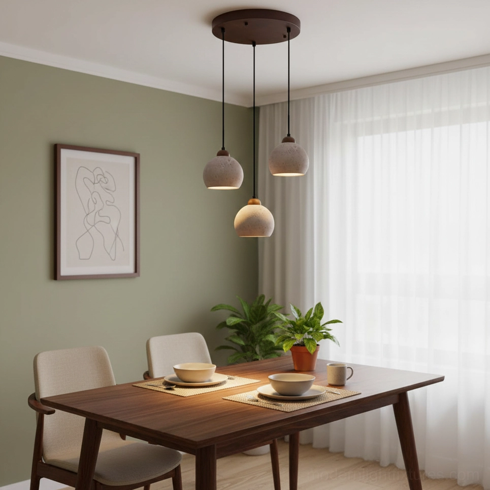 dual travertine pendant lights kitchen counter contemporary design installation