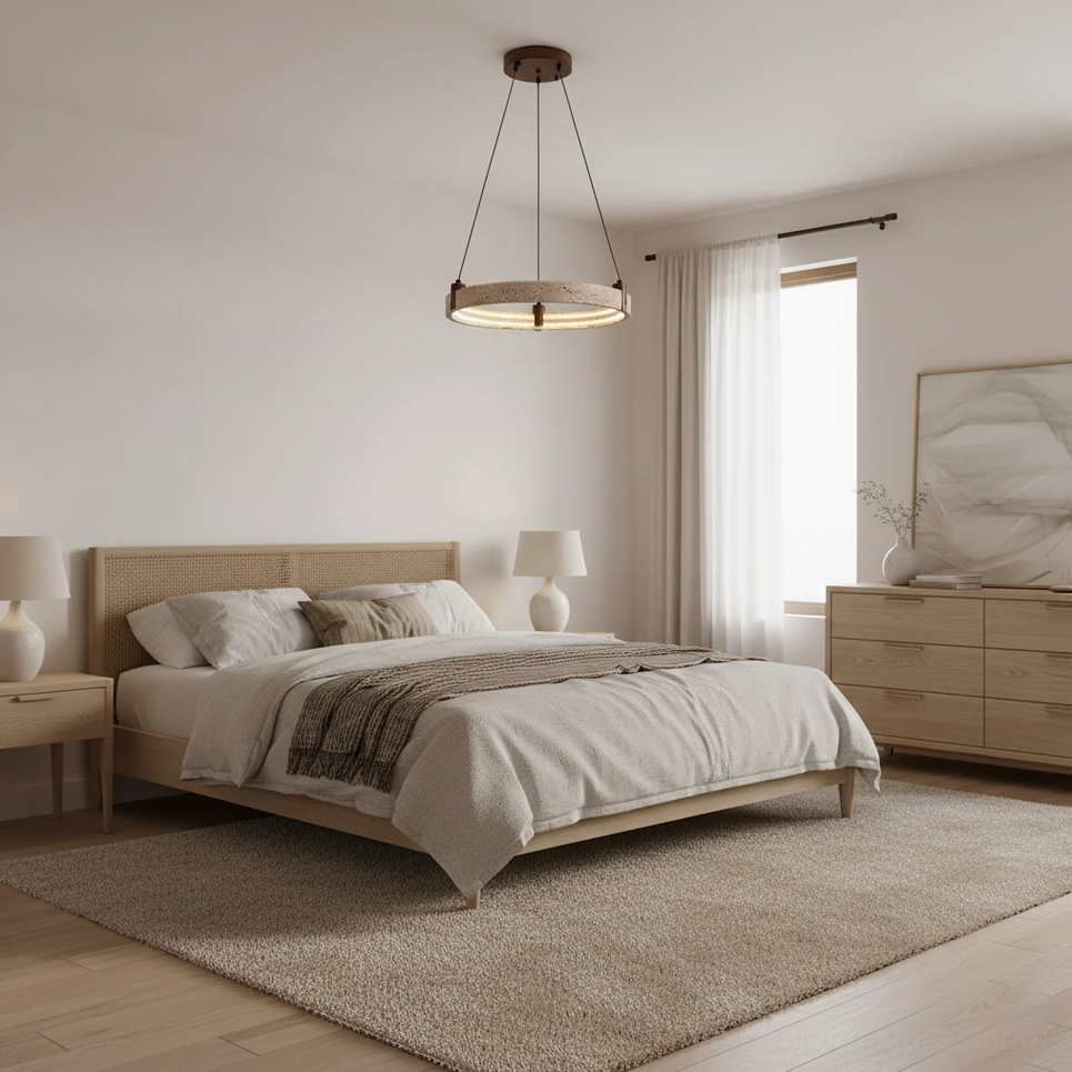 Eclora travertine chandelier dual-tier configuration in contemporary bedroom
