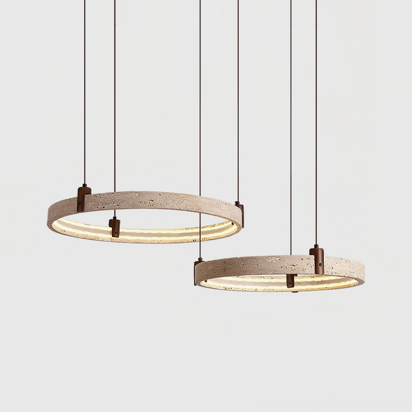 Dual travertine ring chandelier pendant light configuration detail view