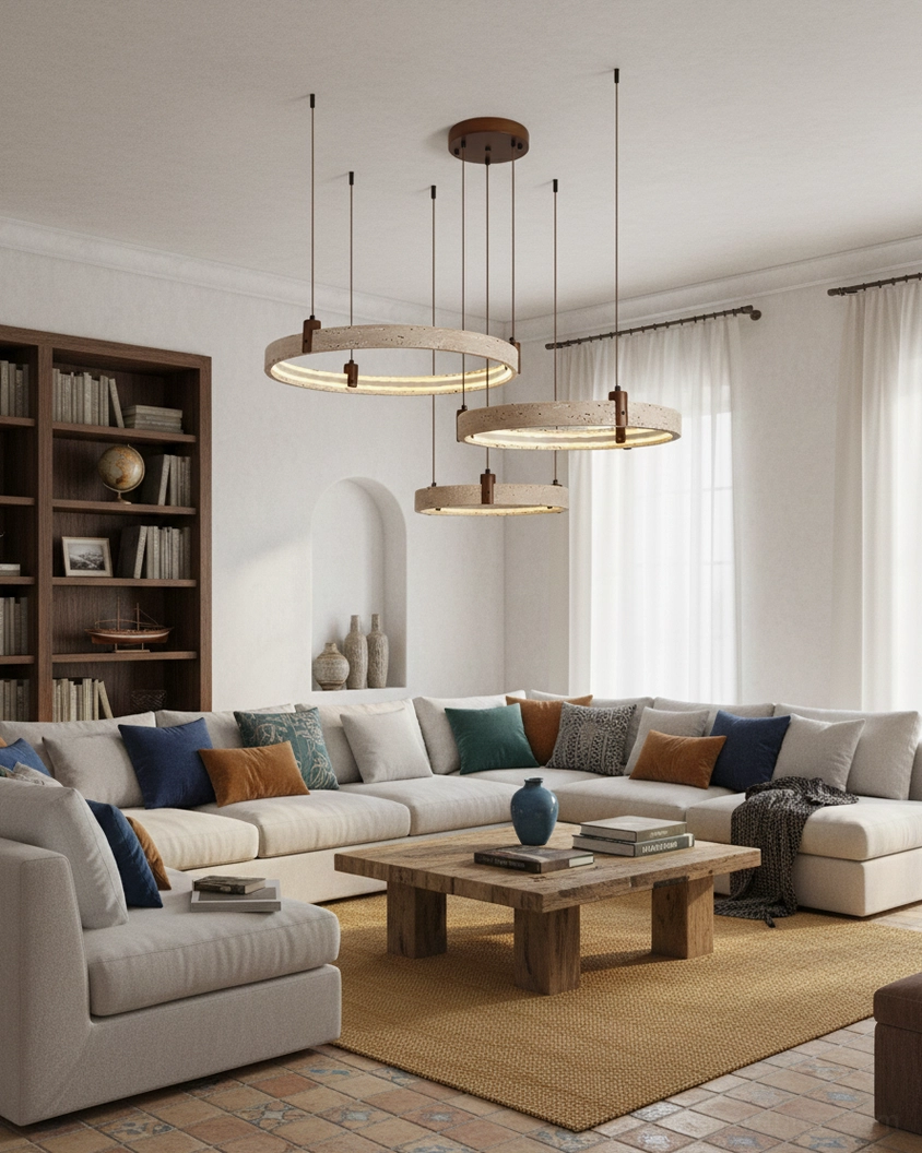 Dual travertine ring pendant light size comparison and scale visualization
