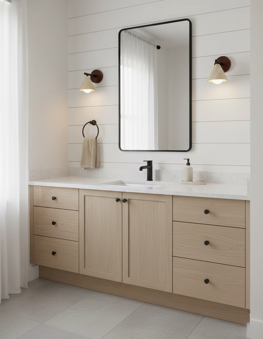 Pair of matching travertine wall sconces symmetrically flanking modern bathroom vanity mirror