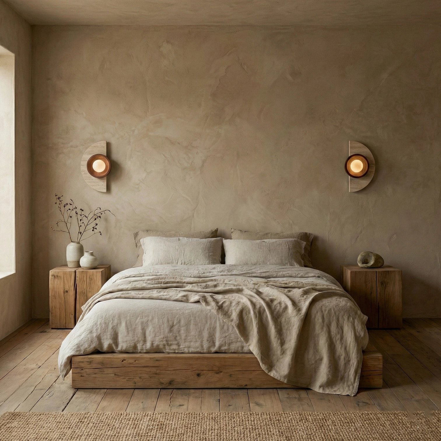 Pair of travertine and wood wall sconces flanking wooden bed frame in master bedroom minimalist wabi-sabi decor