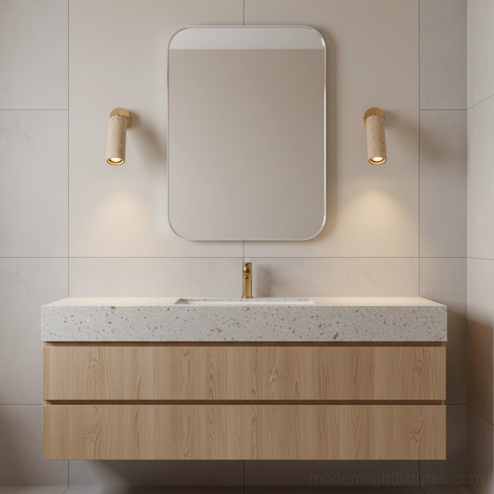 Pair of Mireille travertine wall sconces flanking bathroom vanity mirror above tiled wall and wood counter