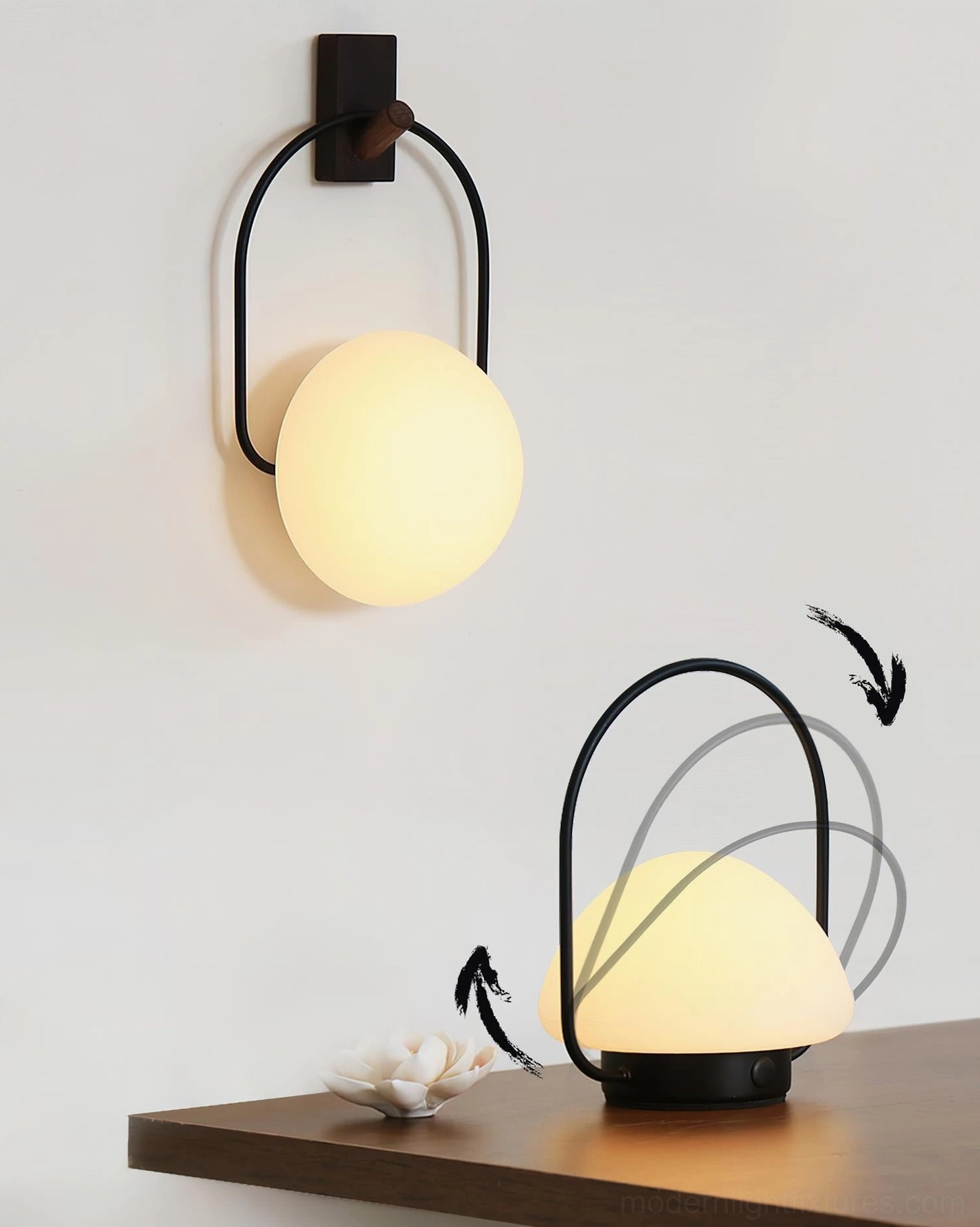 Dual-use cordless portable lamp, wall-mounted and tabletop placement demonstration, rotatable carrying handle