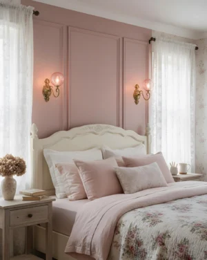 Pair of ornate brass wall sconces with pink glass globes flanking bedroom wall, romantic vintage decor