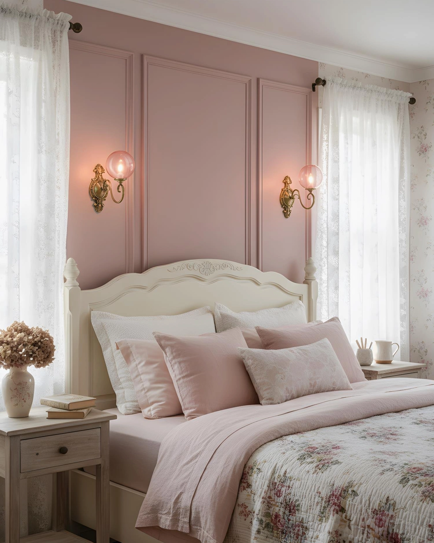 Pair of ornate brass wall sconces with pink glass globes flanking bedroom wall, romantic vintage decor