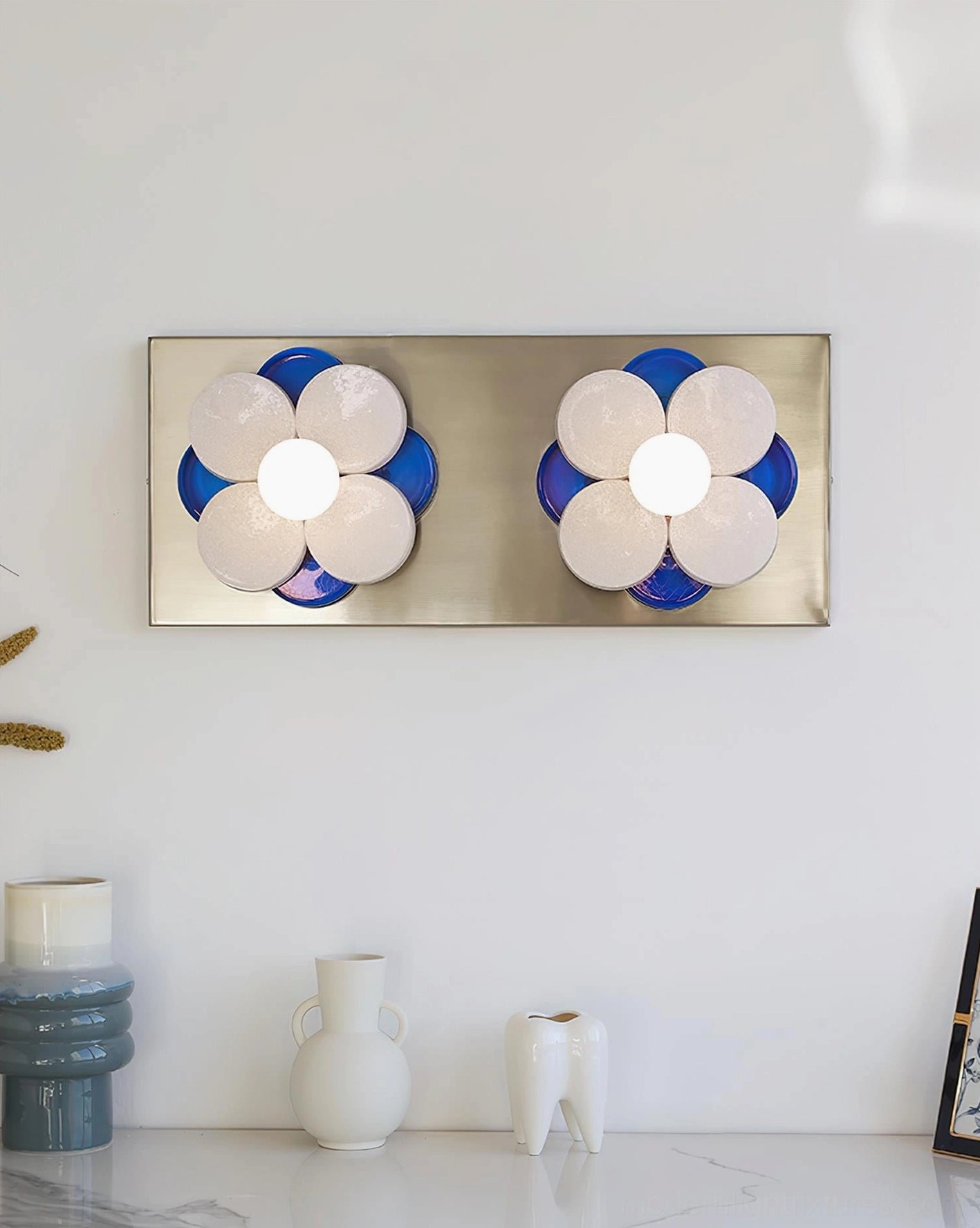 Pair of Violetta flower wall sconces with long chrome mounting plate, dual blue and white mid-century modern design