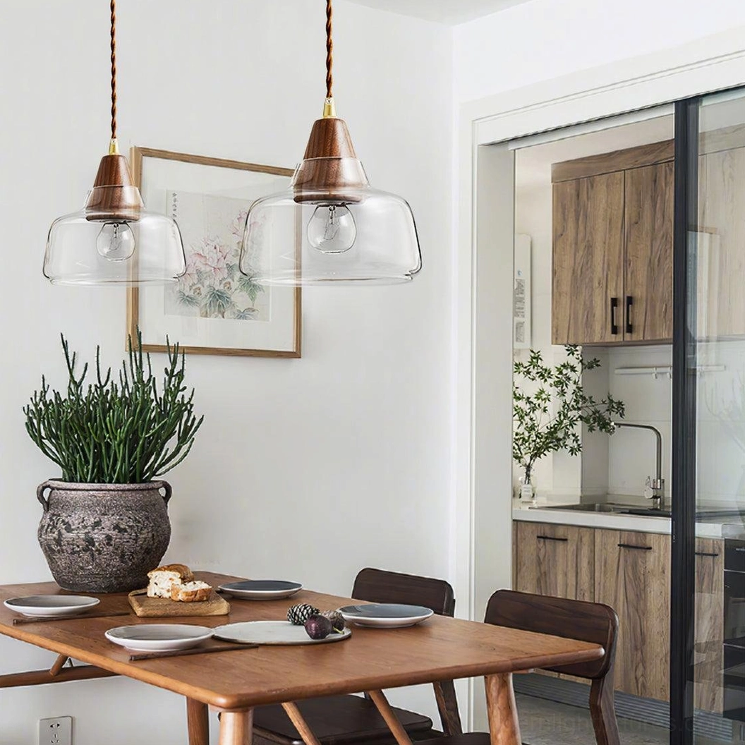 Dual walnut glass pendant lights in Nordic open dining kitchen space with potted plant decor, contemporary home lighting