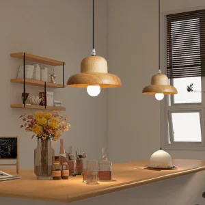 Pair of wooden pendant lights hanging over dining bar counter, warm Nordic minimalist home interior design