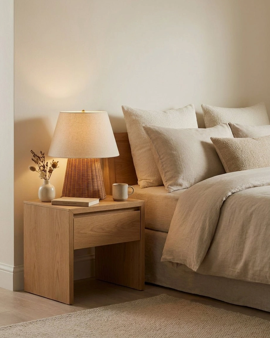 Pair of woven rattan table lamps on bedroom nightstands - dual linen shade lamps for symmetric bedside lighting and warm ambient glow