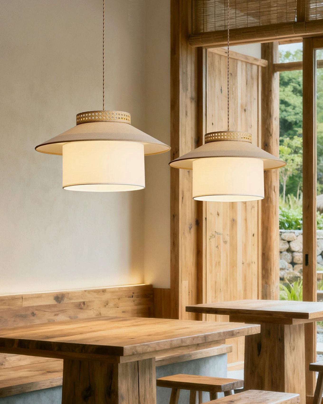 Dual woven rattan pendant lamps in tavern setting with wooden beams and garden view, boho rustic coordinated lighting