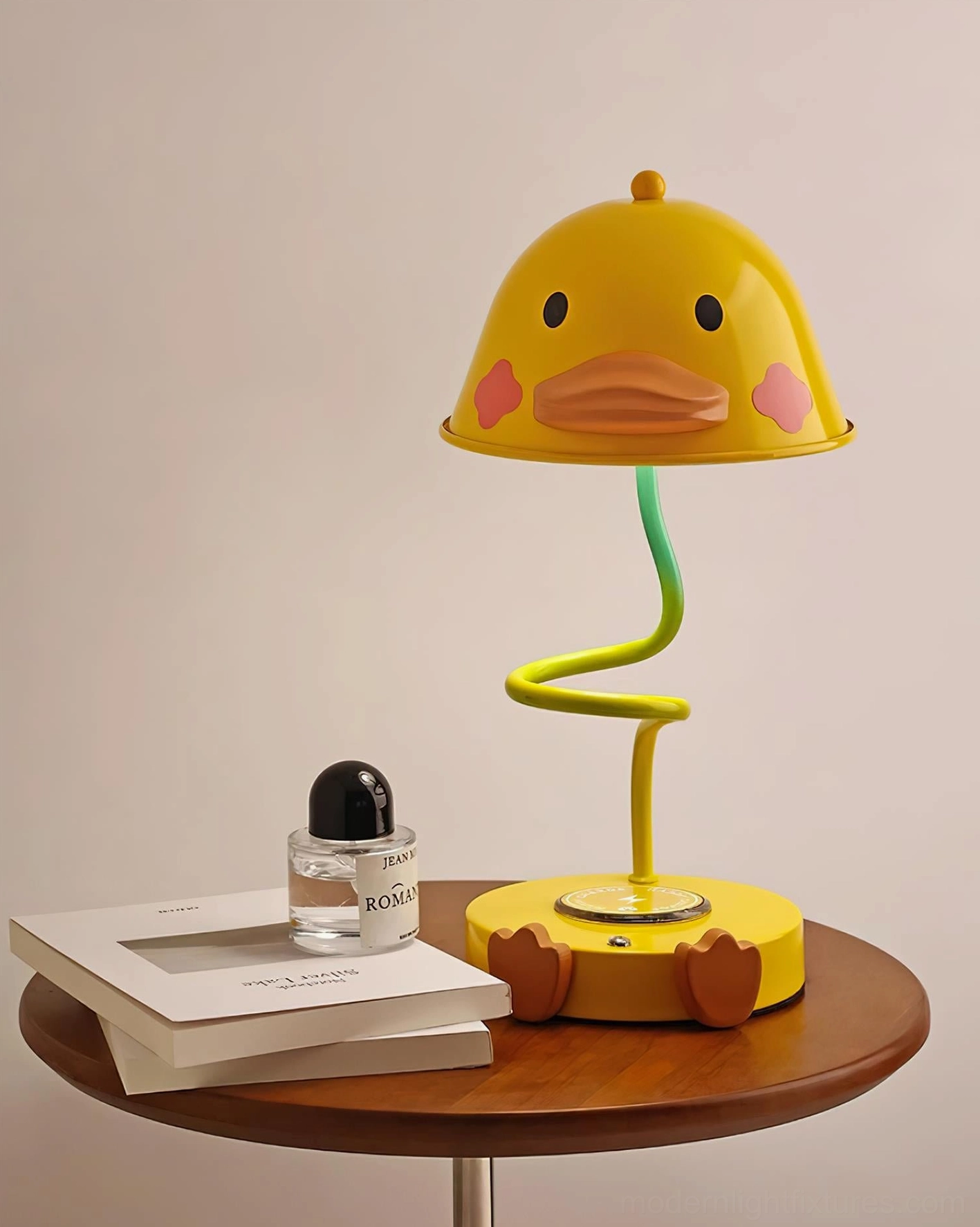 Character-driven duck desk lamp creating ambient lighting in contemporary eclectic interior design