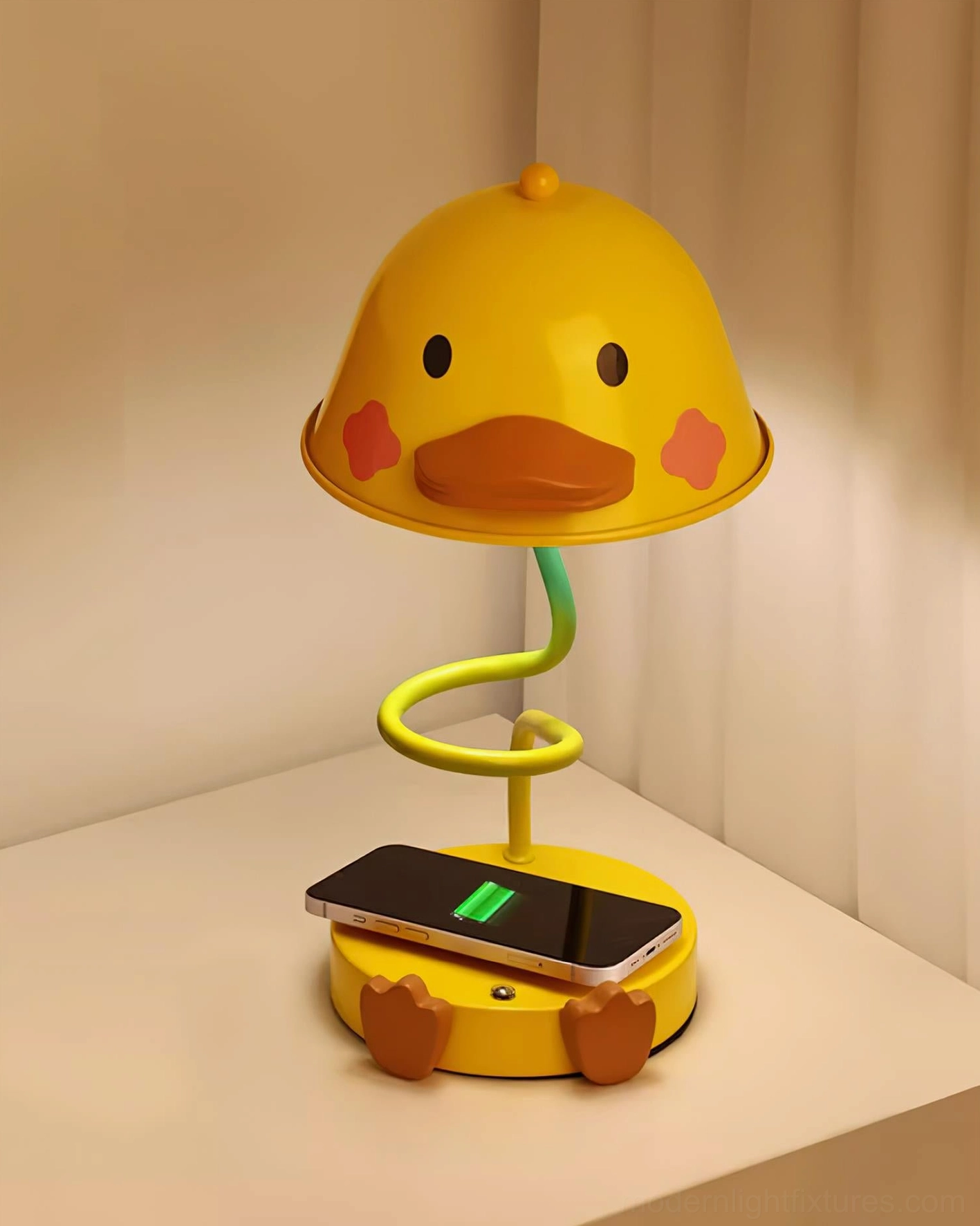 Contemporary duck table lamp with touch-sensitive switch in minimalist bedroom setting with smartphone charging