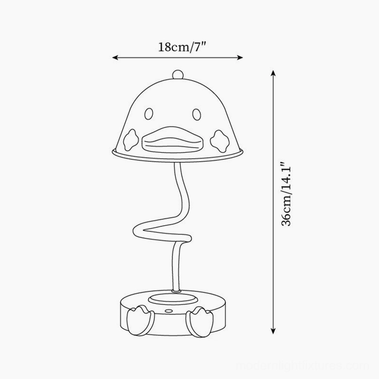 Duck table lamp technical dimension drawing showing 18cm diameter and 36cm height measurements