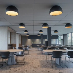 Black dome ceiling light in modern office dining space, industrial minimalist interior design