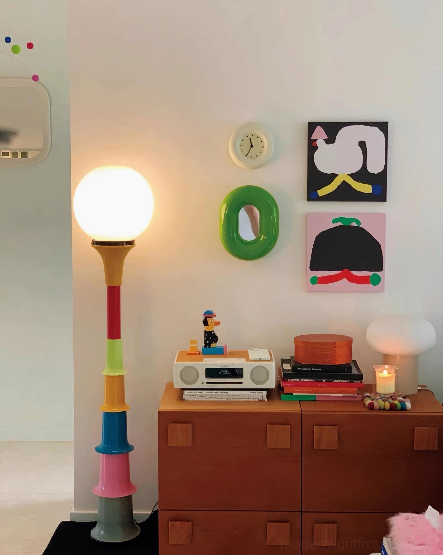 Dynamic floor lamp color design with globe shade creating visual balance