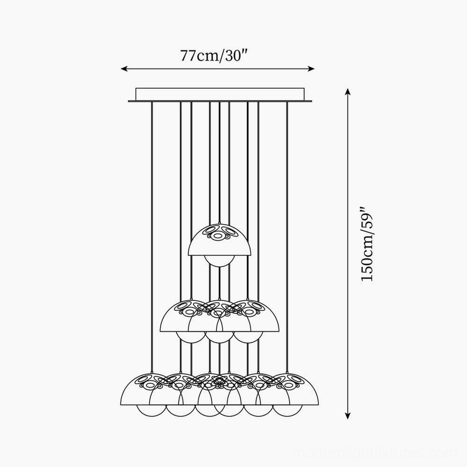 Modern multi-head dome pendant chandelier showing varied suspension and dynamic visual composition