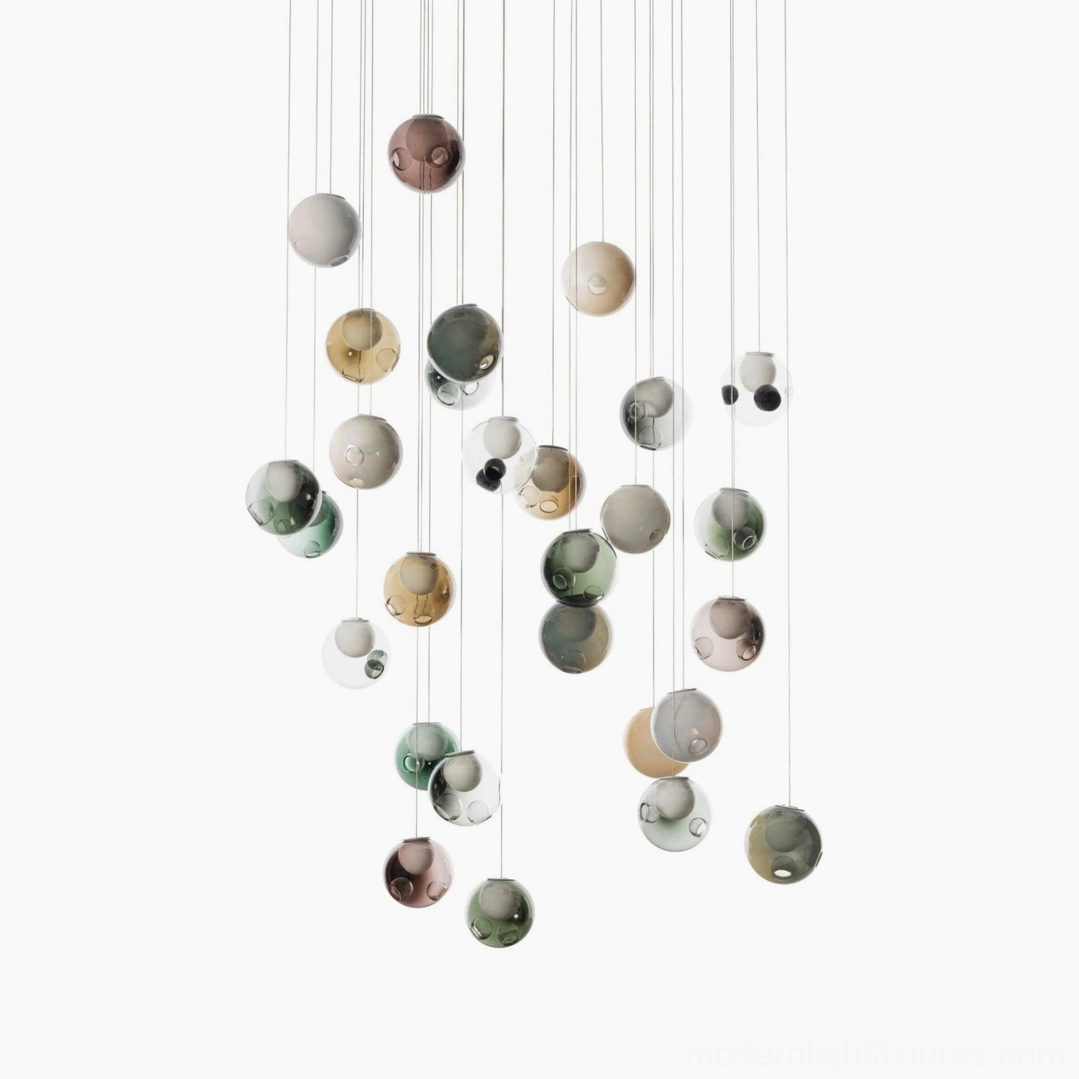 Earth-toned hand-blown glass globe cluster chandelier with neutral cool and warm tones, modern minimalist studio view