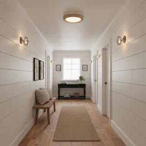 Earthbound modern ceiling light fixture installed in hallway with farmhouse shiplap walls and neutral minimalist decor