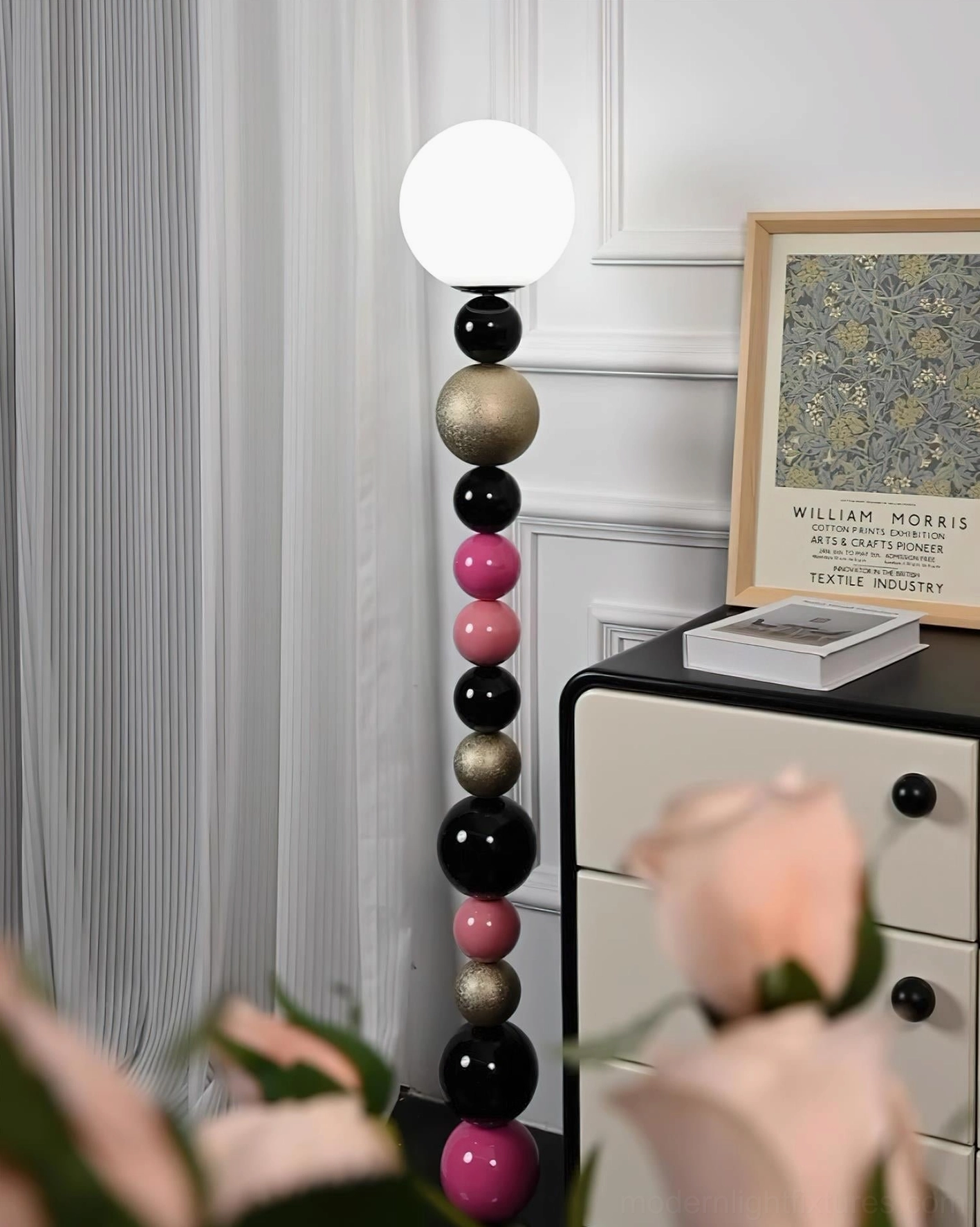 Multi-color ball floor lamp in luxury bedroom corner with decorative painting and cabinet, retro-modern style