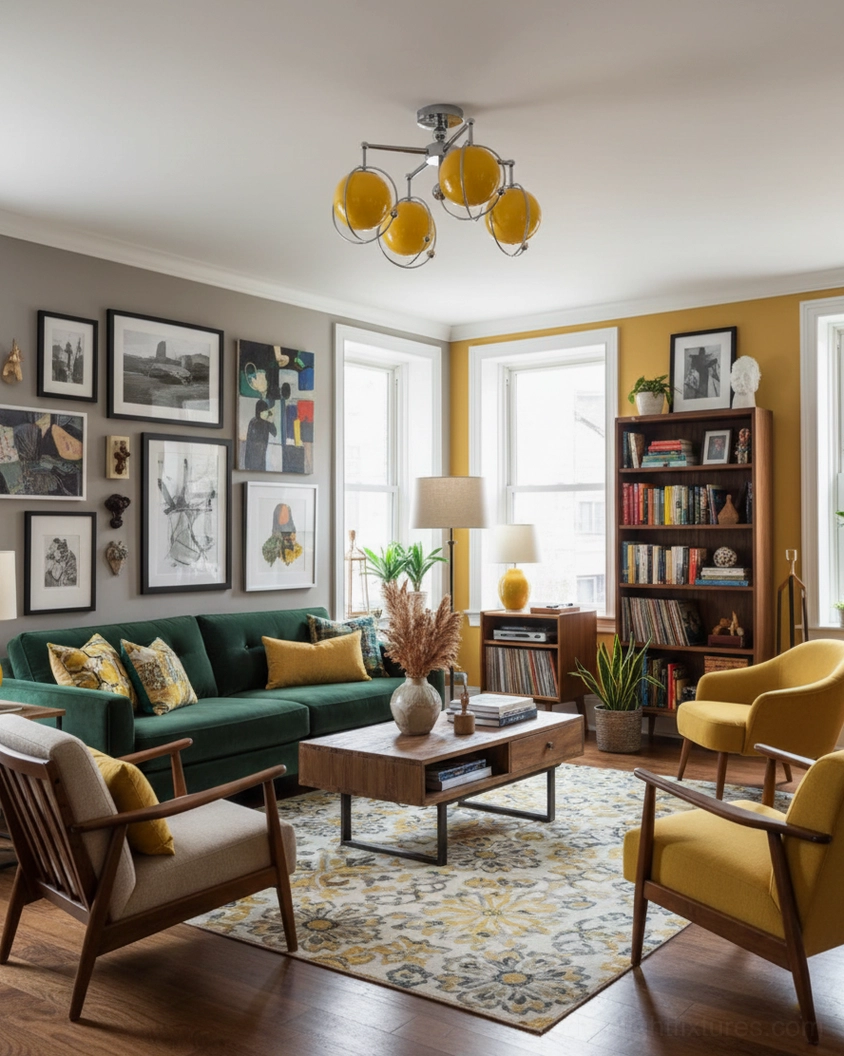 Sculptural ceiling lamp in eclectic vintage living room with warm retro decor and mixed vintage furniture