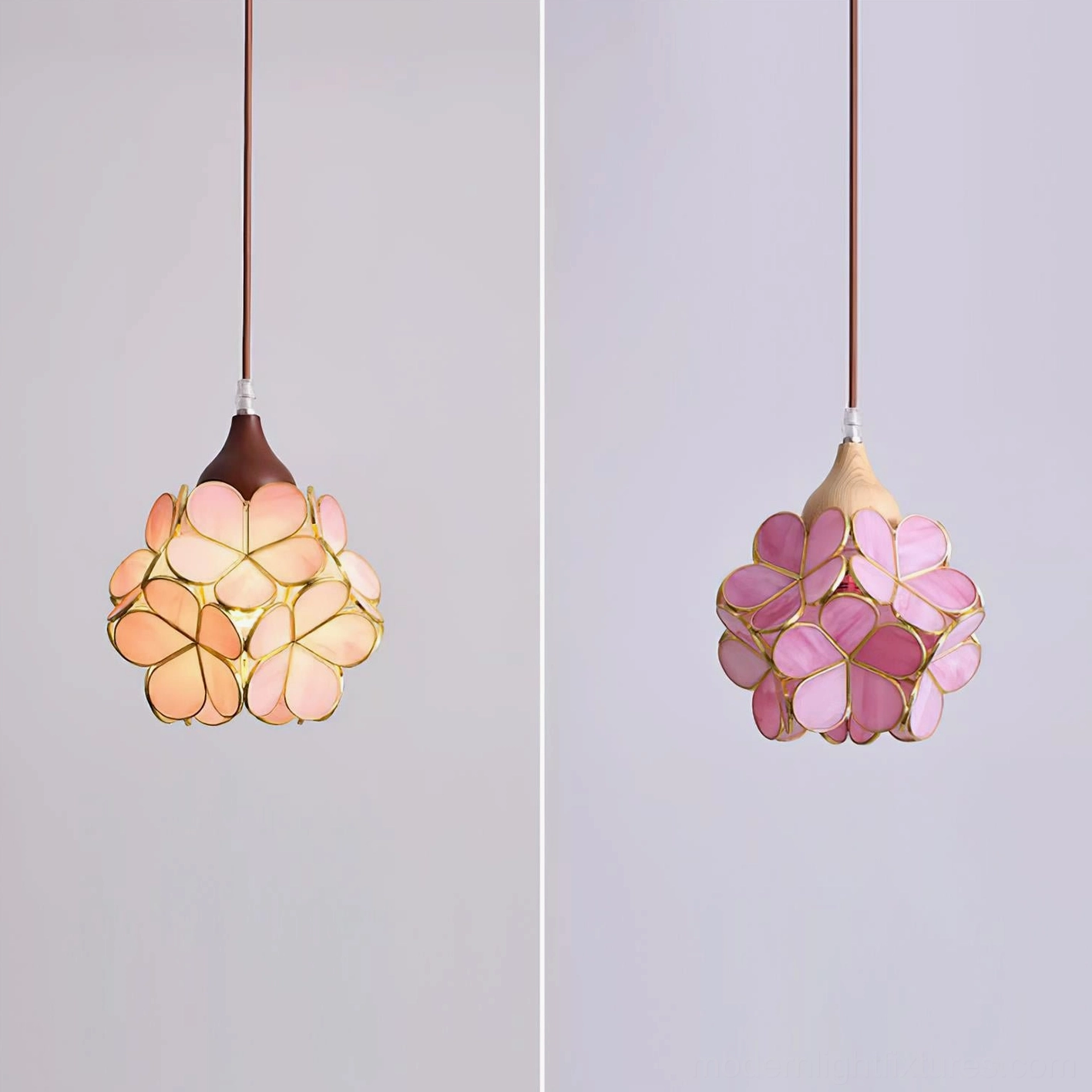 Flower pendant light hanging in eclectic bedroom interior, creating intimate warm lighting atmosphere