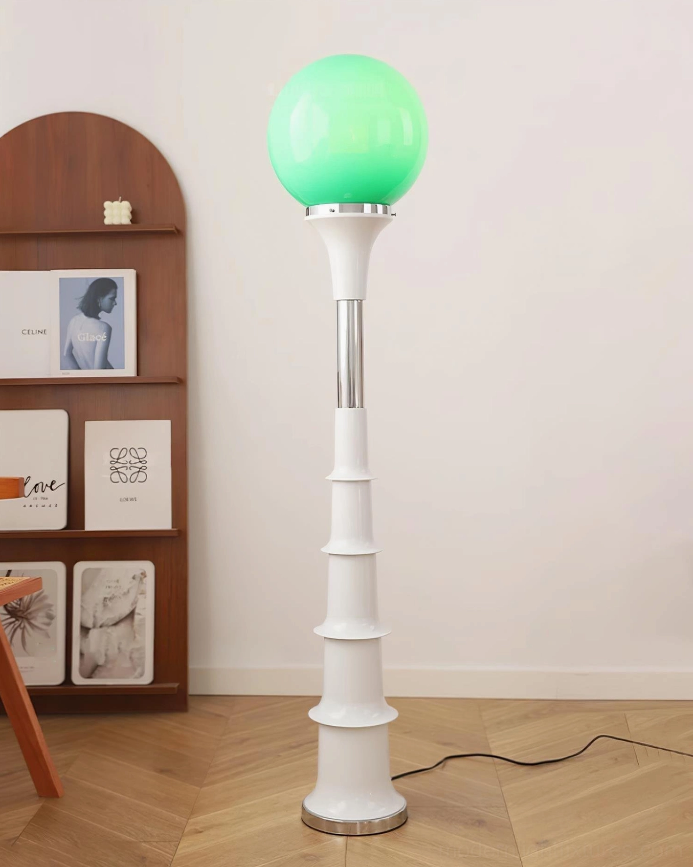 Eclectic interior design featuring bold colorful segmented floor lamp