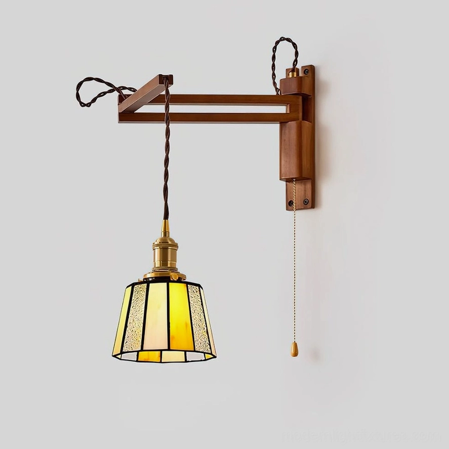 Contemporary eclectic interior showcasing handcrafted stained glass wall sconce with pull-cord switch detail and multicolor glass demonstrating design versatility