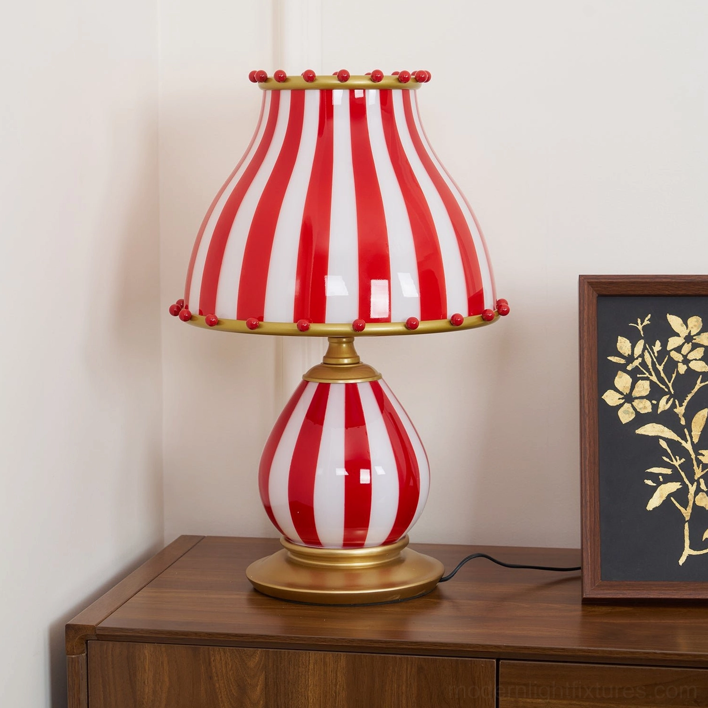 Eclectic interior design table lamp bold red white stripes pom-pom accents