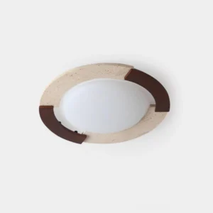 Eclora round flush mount ceiling light with travertine stone and walnut wood frame overhead view