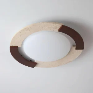 Eclora circular modern ceiling fixture detail showing travertine and dark wood accent frame