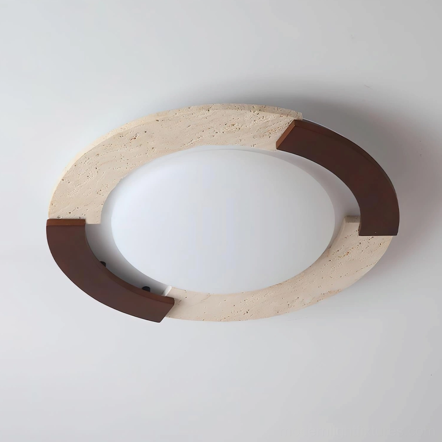 Eclora circular modern ceiling fixture detail showing travertine and dark wood accent frame