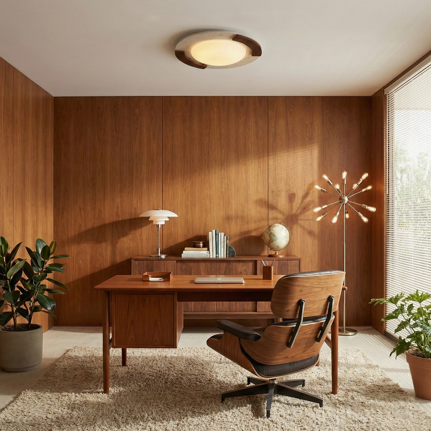 Eclora circular ceiling fixture integrated into mid-century modern study warm interior