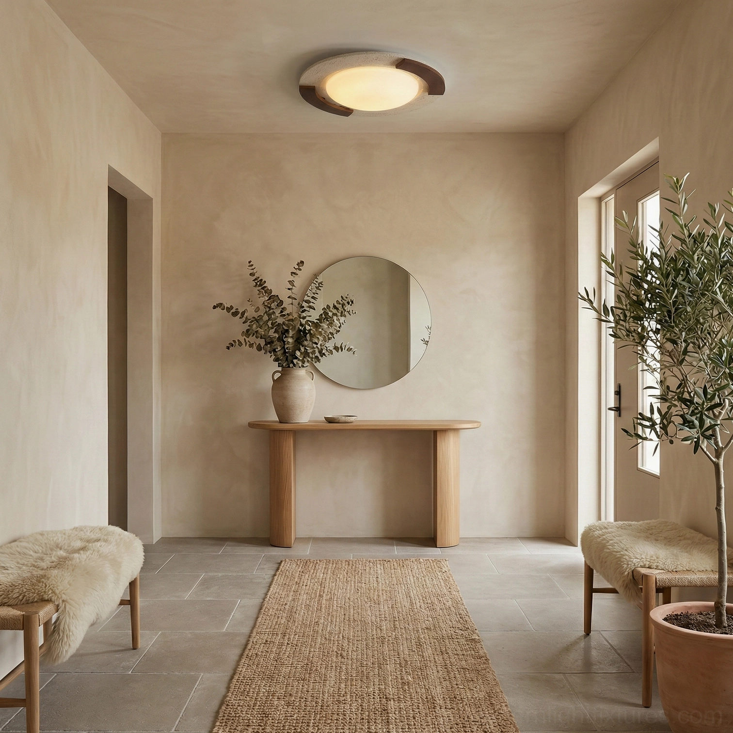 Eclora round modern ceiling light in minimalist entryway hallway warm white ambient