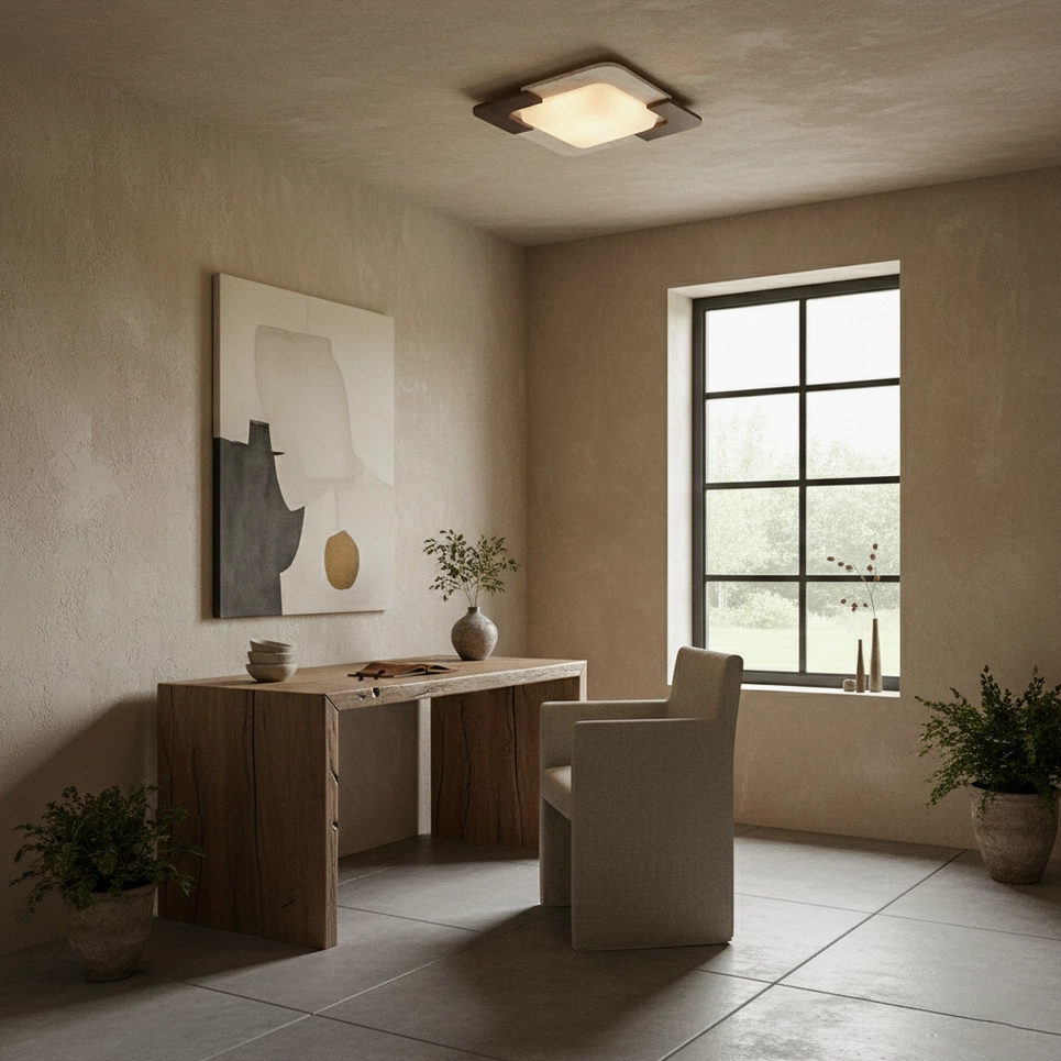 Eclora square ceiling light installed in wabi-sabi home office neutral ceiling