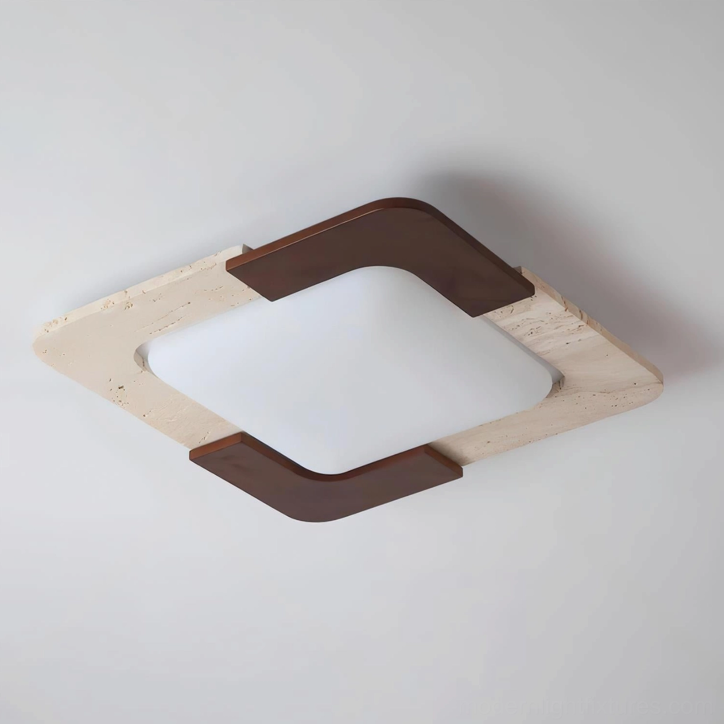 Eclora square ceiling light fixture in beige travertine with walnut corners modern design