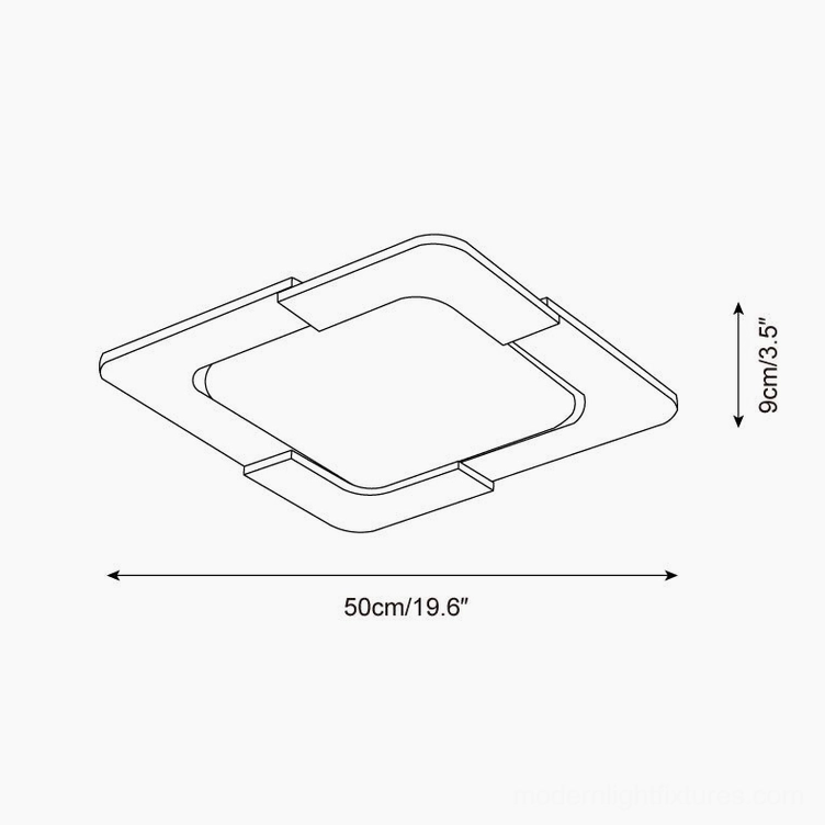 Eclora square ceiling light isometric technical drawing specifications 50cm width