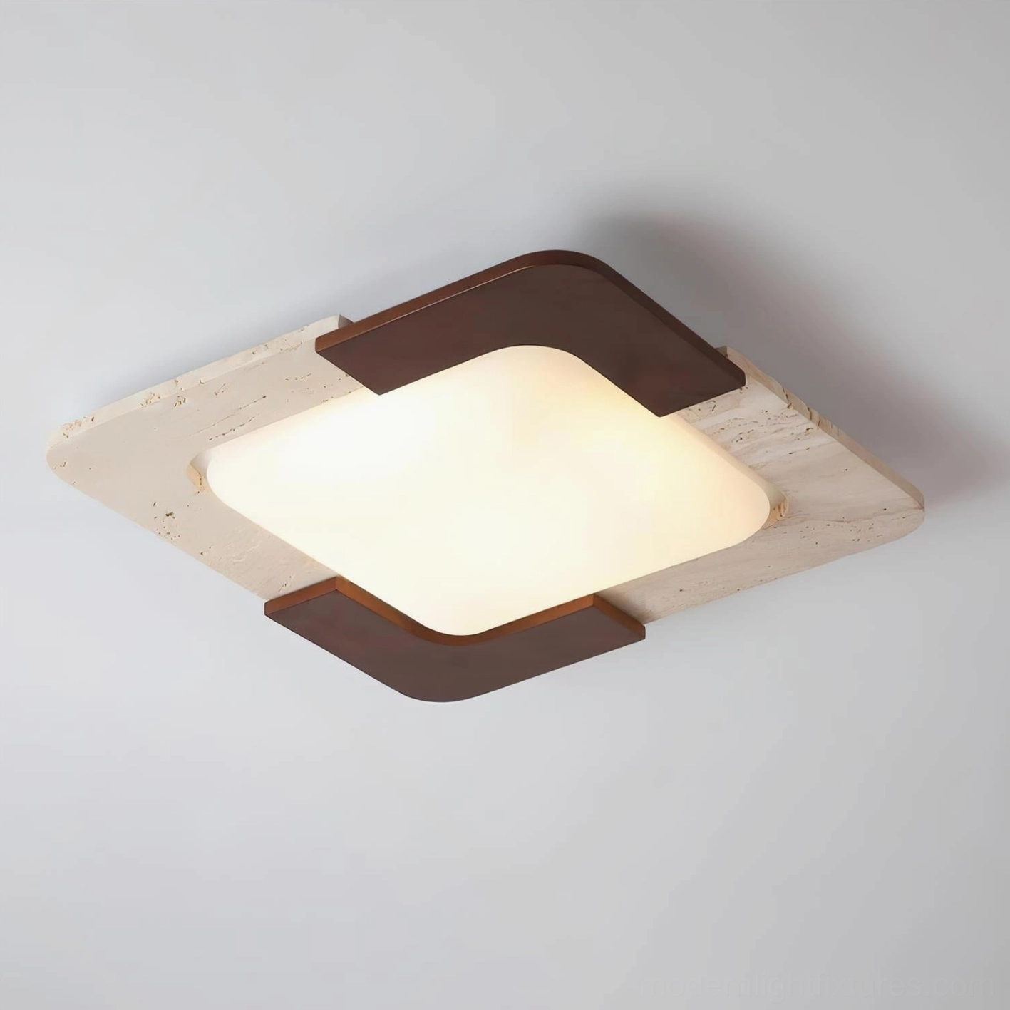 Eclora square flush mount ceiling lamp illuminated showing frosted diffuser glow