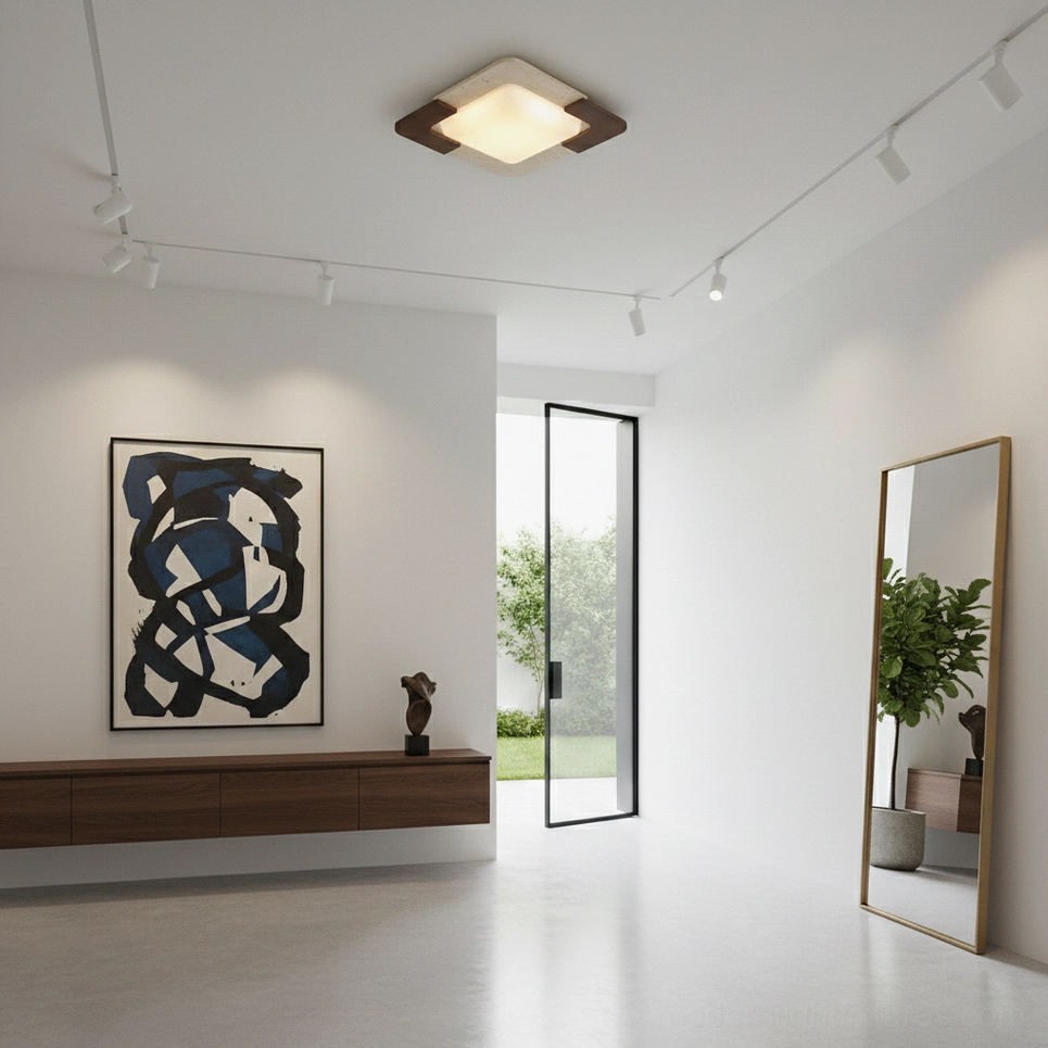 Eclora travertine and walnut ceiling light fixture close-up natural stone detail