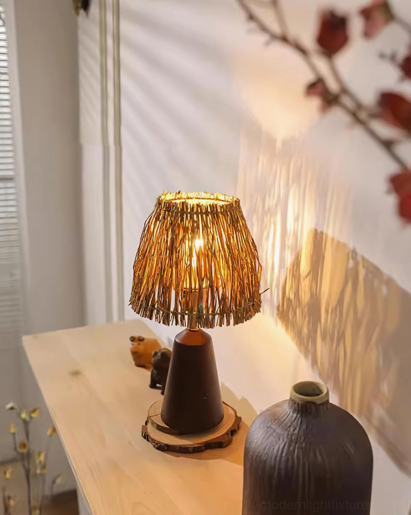 Natural eco-friendly bohemian table lamp with handwoven straw and bamboo wood elements