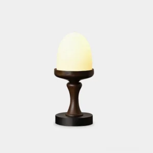Organic egg-shaped table lamp with dark stained wood base and frosted glass shade, front studio view