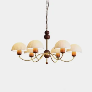8-head mid-century modern brass and walnut wood chandelier with beige fabric shades, overhead studio view
