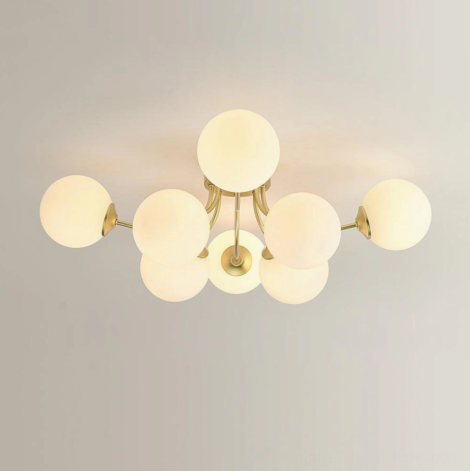 8-head sputnik ceiling light with brass gold frame and milky frosted glass globes
