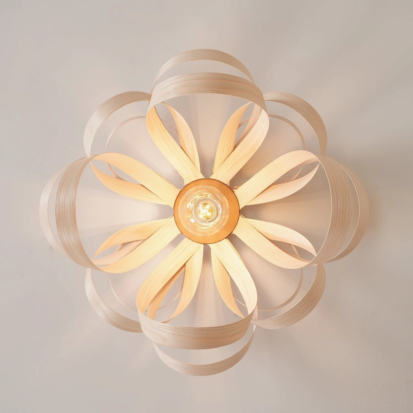 Symmetrical eight-petal wooden ceiling fixture front flat view modern design