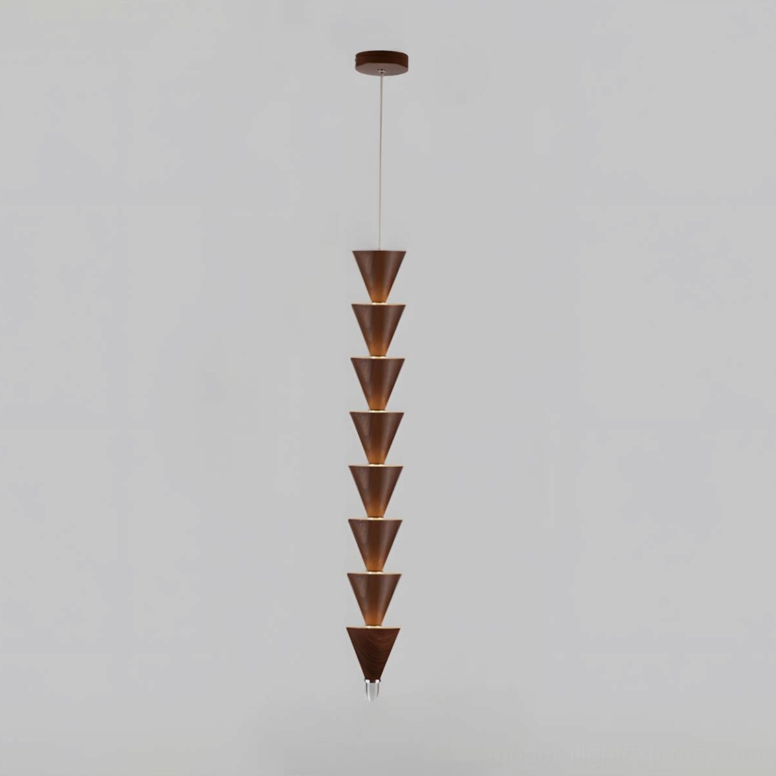 Eight-tier stacked cone pendant light showcasing sculptural geometric design and walnut finish