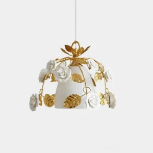 Eirene gold floral pendant light with white ceramic roses and frosted glass shade, front studio view