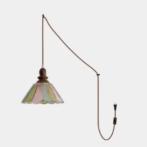 Elara wood and glass plug-in pendant light with multicolor fluted glass shade and brown braided cord, front product view on white background